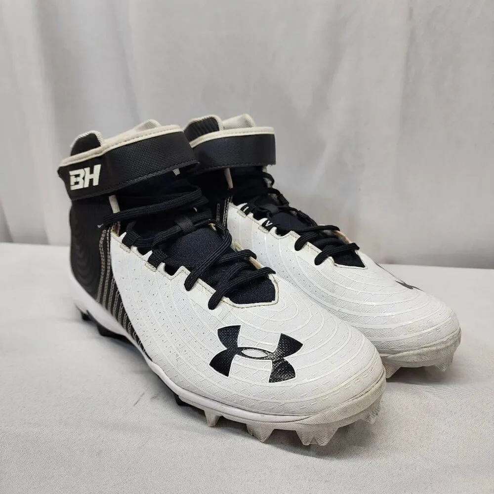 Under Armour Men's 11.5 Harper 4 Mid Rm Baseball Shoe white and black Cleats
